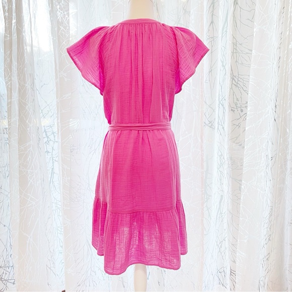 XÍRENA Pink Jude Cotton Gauze Flutter Short Sleeve Button Up Belted Mini Dress - Picture 3 of 10